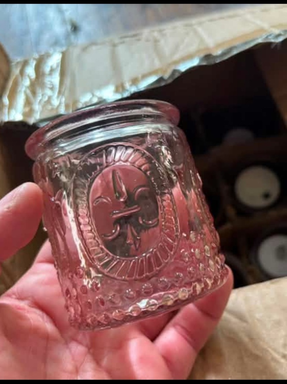 12 Pink Decorative Glass Votive candle Jars with Fleur-de-Lis Accent